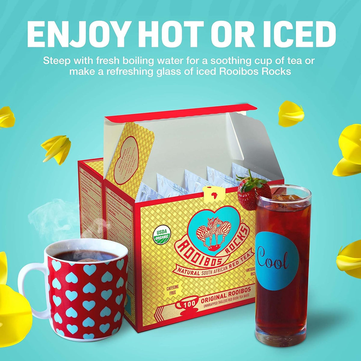 ROOIBOS ROCKS red tea bag in cup, warm comfort without caffeine