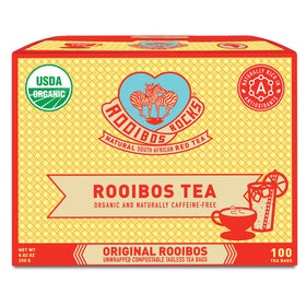 Rooibos Rocks red tea bags packaging highlights organic quality.