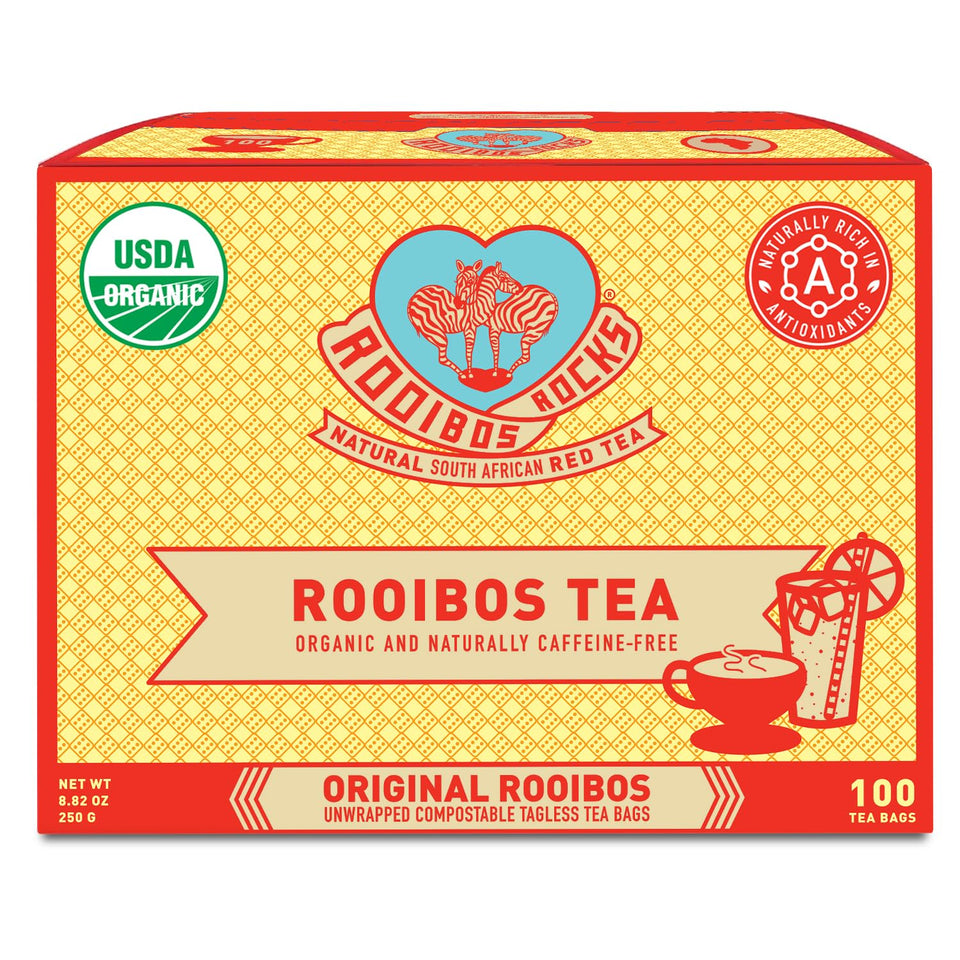 Rooibos Rocks red tea bags packaging highlights organic quality.