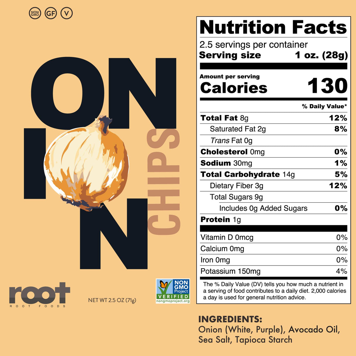 Root Foods Cauliflower chips bag offering gluten-free crunch for mindful snacking
