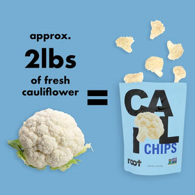 Root Foods Cauliflower Chips farm-sourced cauliflower image emphasizes sustainable farming practices.