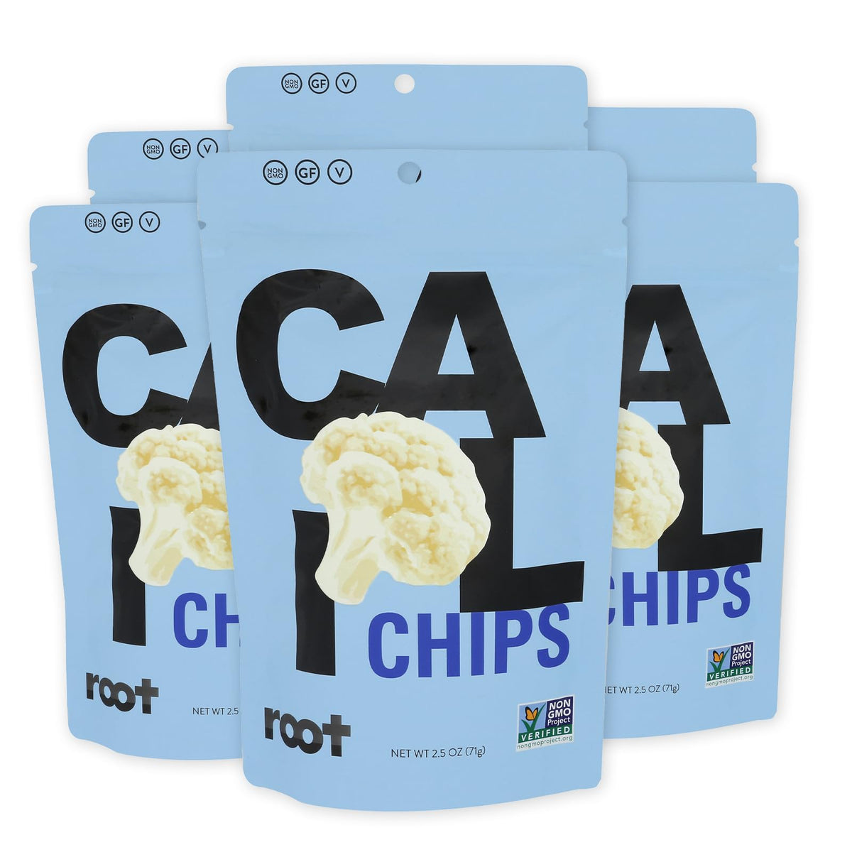 Root Foods Cauliflower Chips closeup showing a light, crispy texture for a quick, tasty snack.