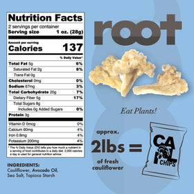 Root Foods Cauliflower Chips crisp texture image highlights avocado oil coating and crunch.