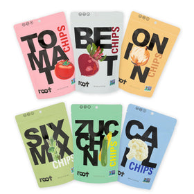 Root Foods Tomato chips bag with vibrant red crisps for a savory snack