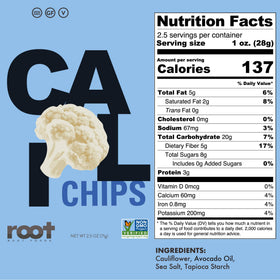 Root Foods Zucchini chips bag presenting light, crisp veggie texture