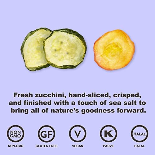 Root Foods zucchini chips six-pack packaging for on-the-go snacking.