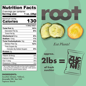 Root Foods zucchini chips crisped in avocado oil for farm-fresh flavor.