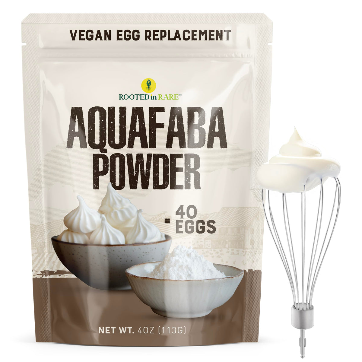 Rooted In Rare Aquafaba Powder packaging 4oz for convenient vegan egg replacement