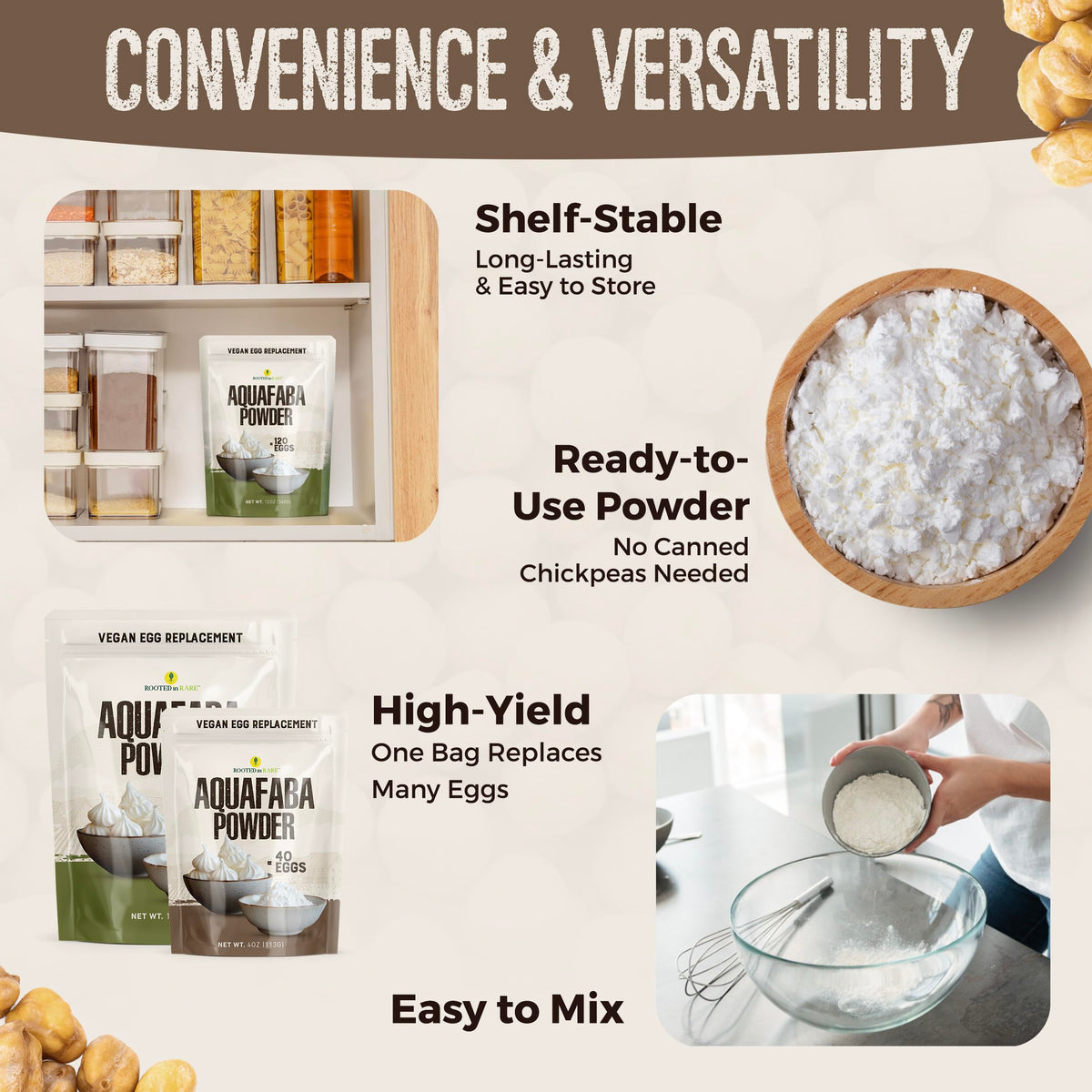 Rooted In Rare Aquafaba Powder long shelf life for pantry storage