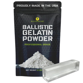 Rooted In Rare Ballistic Gel Powder packaging highlights USA-made quality for professionals.