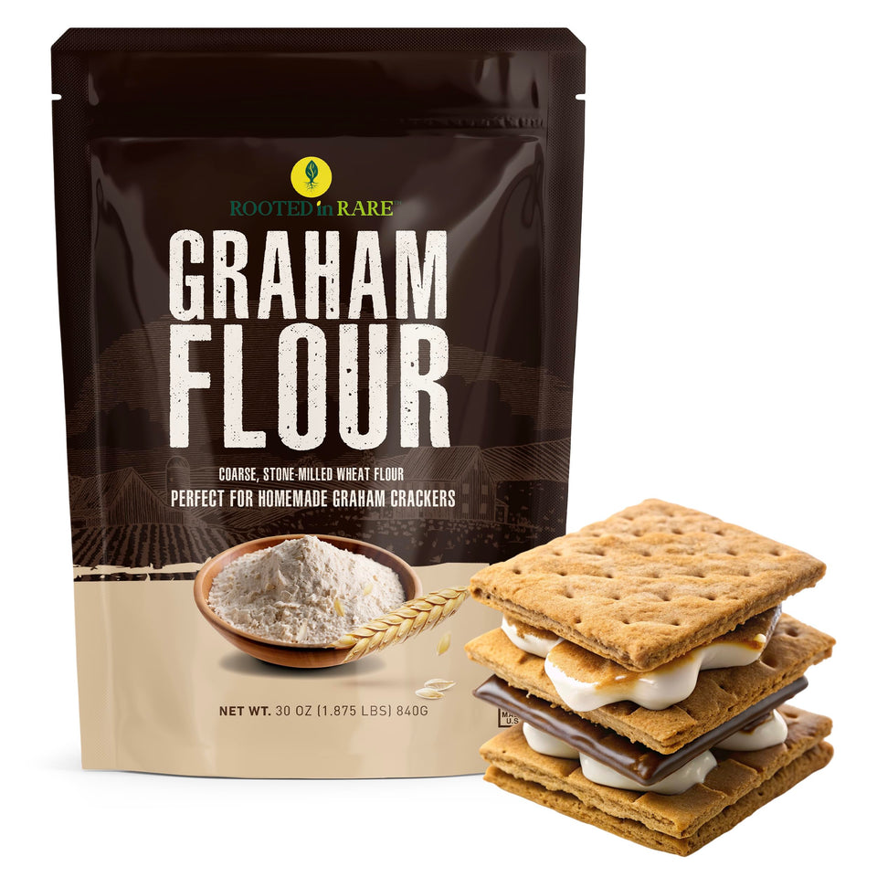 Rooted In Rare graham flour bag on counter for home baking.