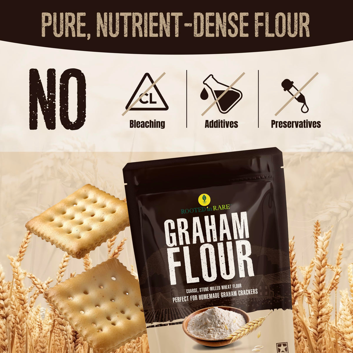 Rooted In Rare graham flour poured into mixing bowl for muffins or bread.