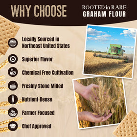 Rooted In Rare graham flour stone-ground close-up highlighting fiber-rich texture.
