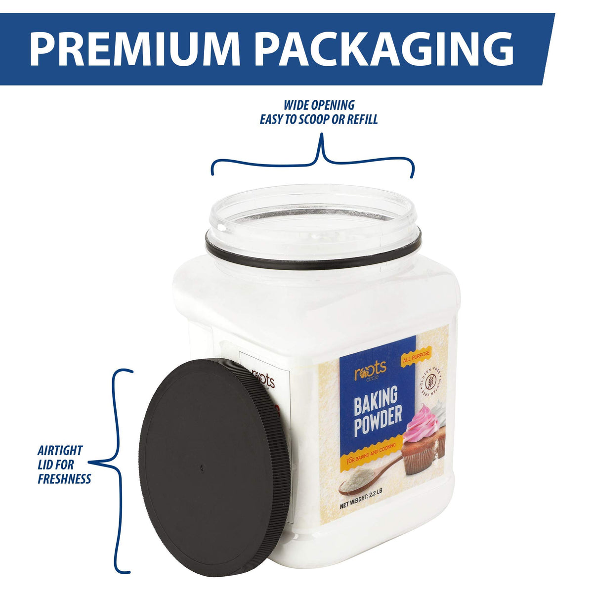 Roots Circle Baking Powder comes in a 2lb airtight bulk container