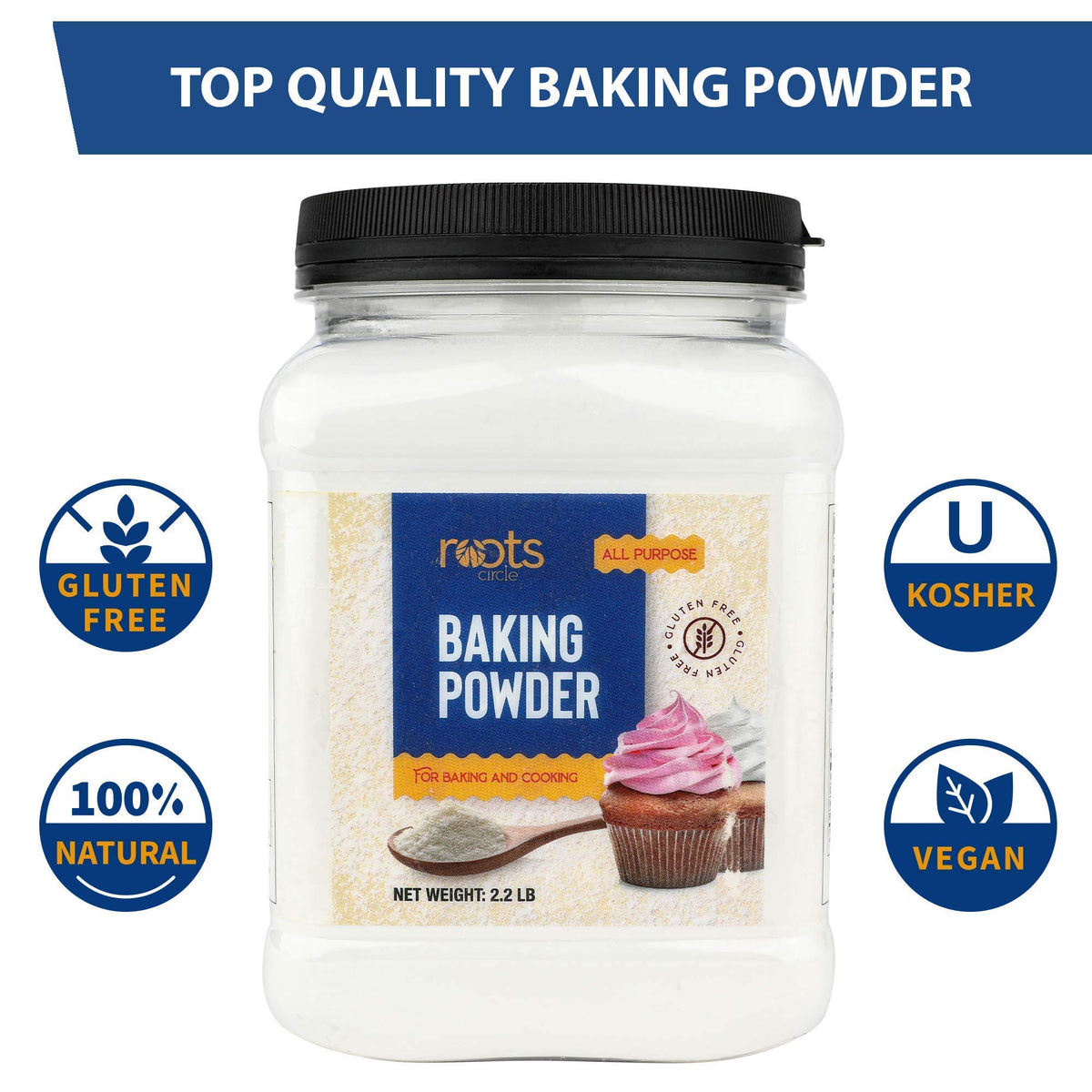 Roots Circle Baking Powder activates leavening for light, airy baked goods