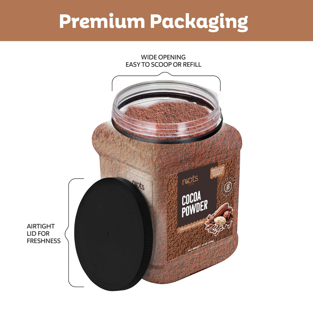 Roots Circle Versatile cocoa powder for baking, smoothies, and coffee.