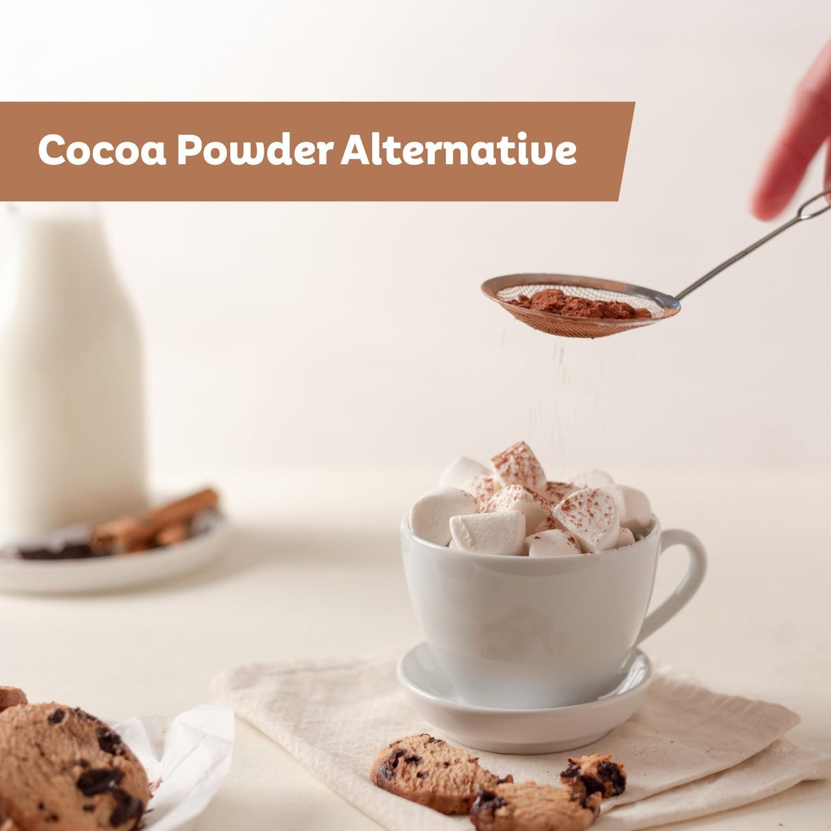 Roots Circle carob powder in a milkshake close-up suggests dairy-free, caffeine-free flavor.