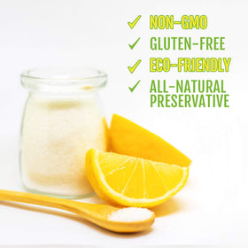 Roots Circle citric acid powder beside lemons, perfect for souring and canning.