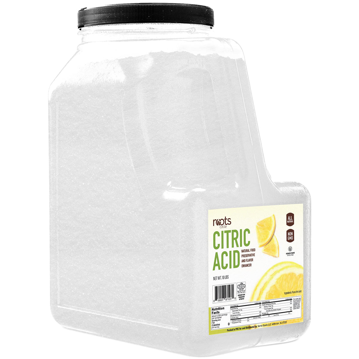 Roots Circle citric acid pack-shot highlighting kosher, food-grade powder for cooking and cleaning.