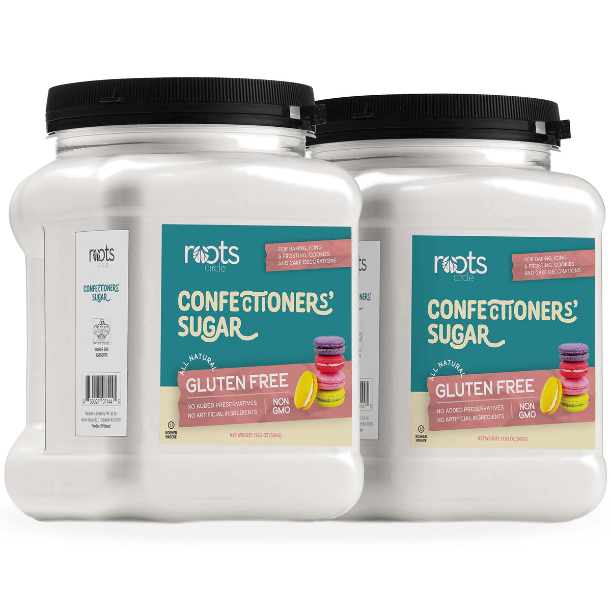 Roots Circle Confectioners Sugar packaging highlights easy storage and consistent sweetness.