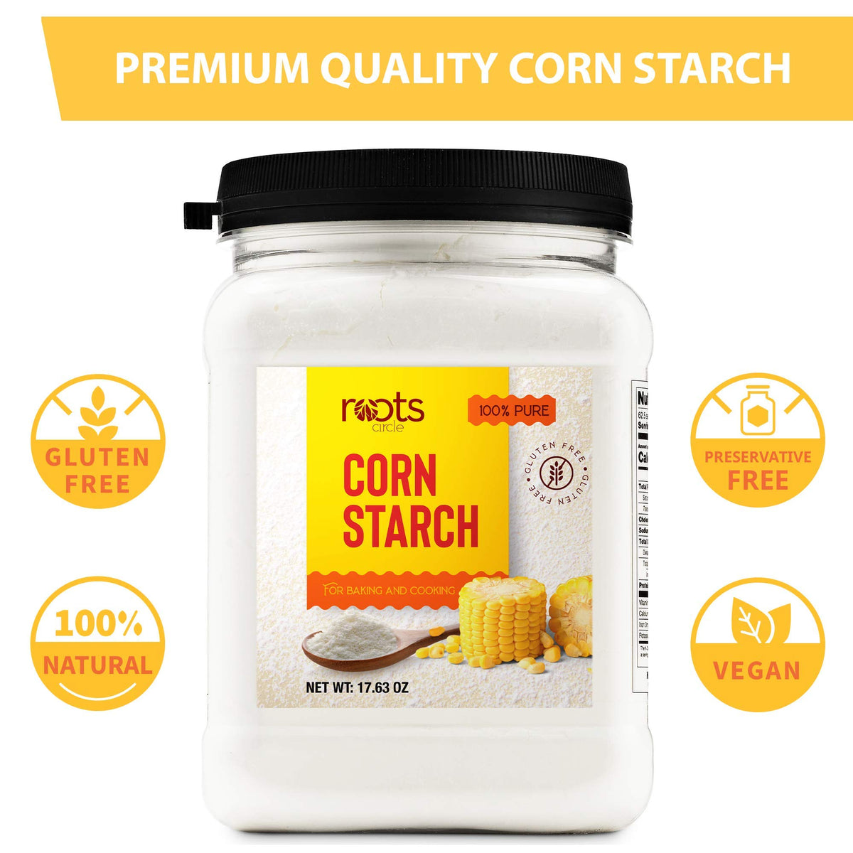 Roots Circle corn starch versatile kitchen staple for thickening sauces and preventing clumps.