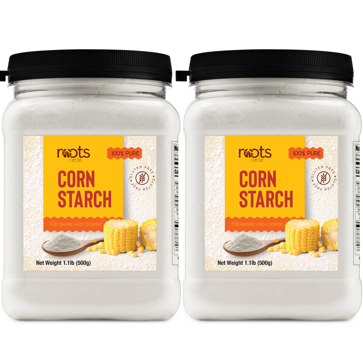 Roots Circle corn starch in two 17oz airtight containers for quick, smooth-thickening.