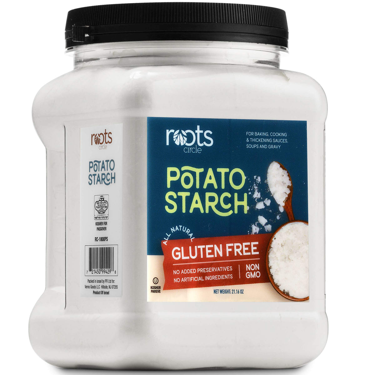 Roots Circle potato starch jar on shelf, a versatile gluten-free thickener.