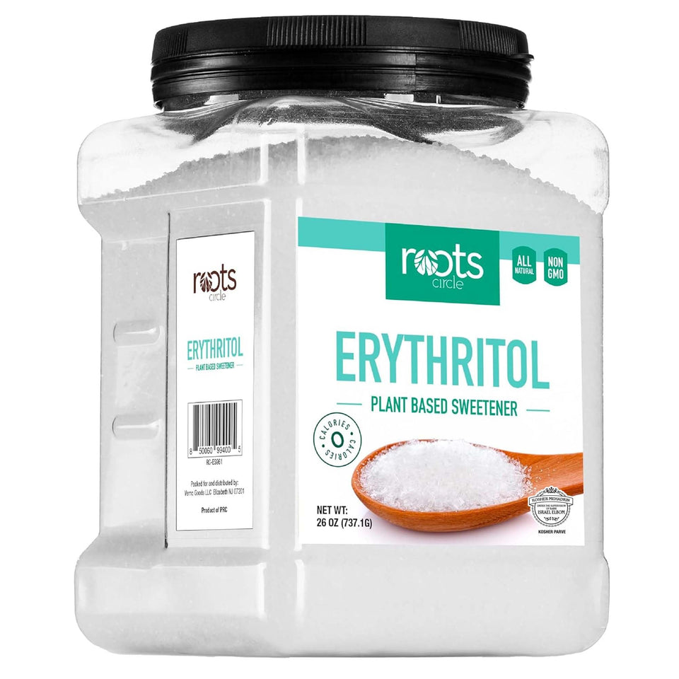 Roots Circle Premium Erythritol bottle for zero-calorie sweetness in recipes