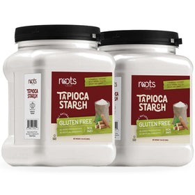 Roots Circle tapioca starch bottle pour demonstrates versatile thickening for soups and gravies.