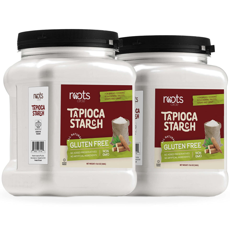 Roots Circle tapioca starch bottle pour demonstrates versatile thickening for soups and gravies.