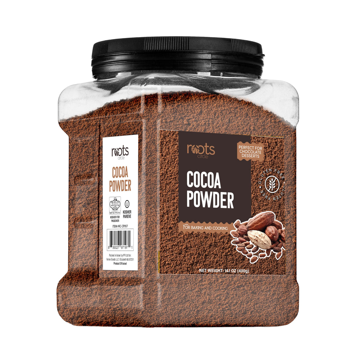 Roots Circle Unsweetened Cocoa Powder bulk container offers premium baking base with rich chocolate flavor.