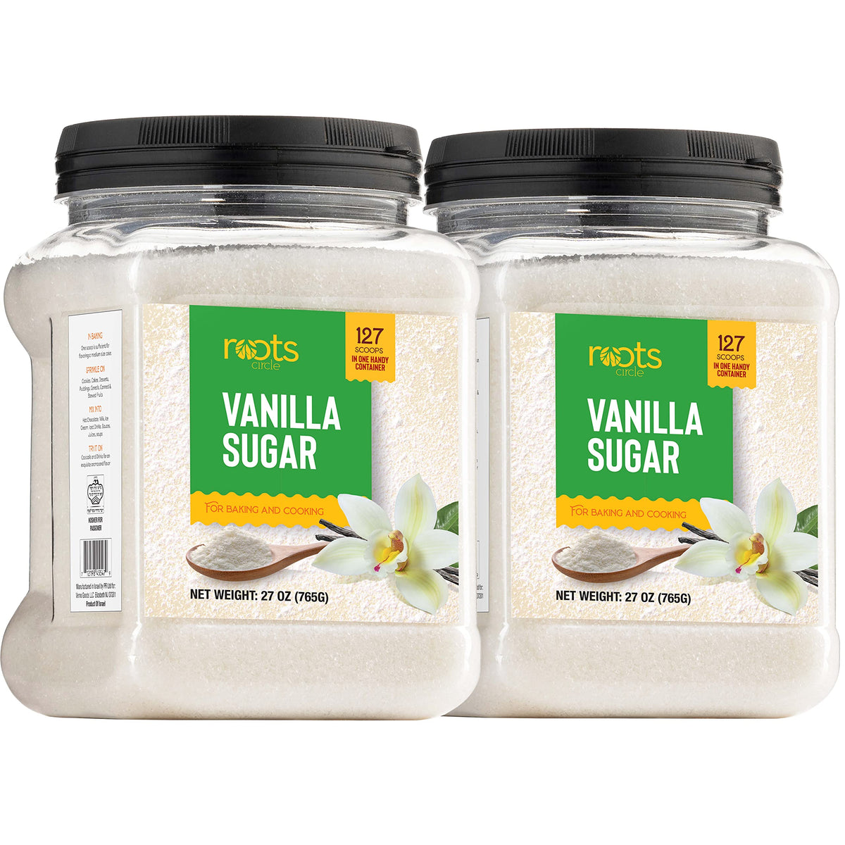 Roots Circle Vanilla Sugar bottle pour highlights rich vanilla aroma elevating baked goods.