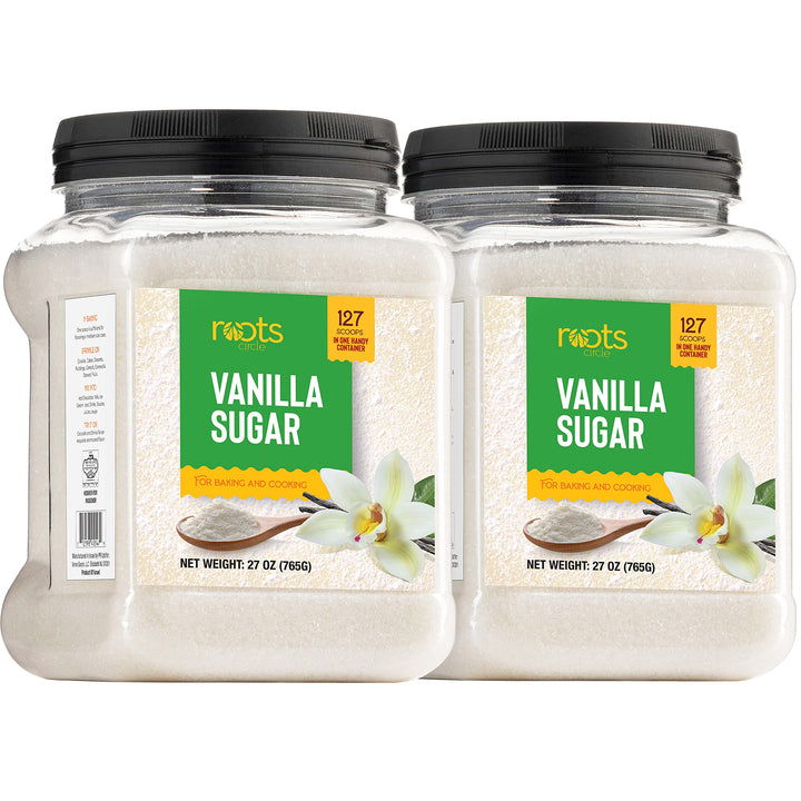 Roots Circle Vanilla Sugar bottle pour highlights rich vanilla aroma elevating baked goods.