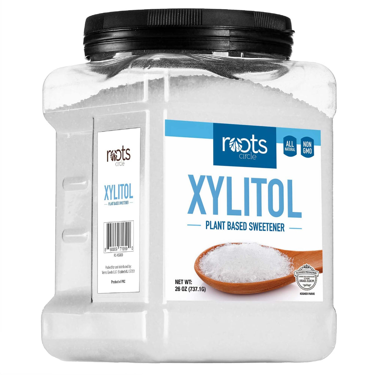 Roots Circle Xylitol bottle for zero-calorie sweetness in beverages.