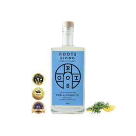 Roots Divino Bianco bottle label close-up for elegant non-alcoholic entertaining.