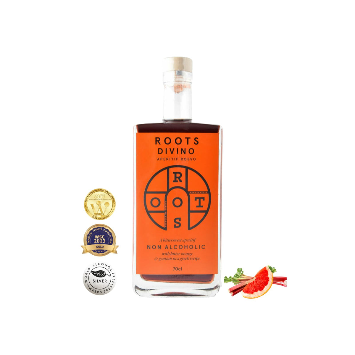 Roots Divino Rosso bottle front, Greek zero-proof vermouth for sophisticated sipping.