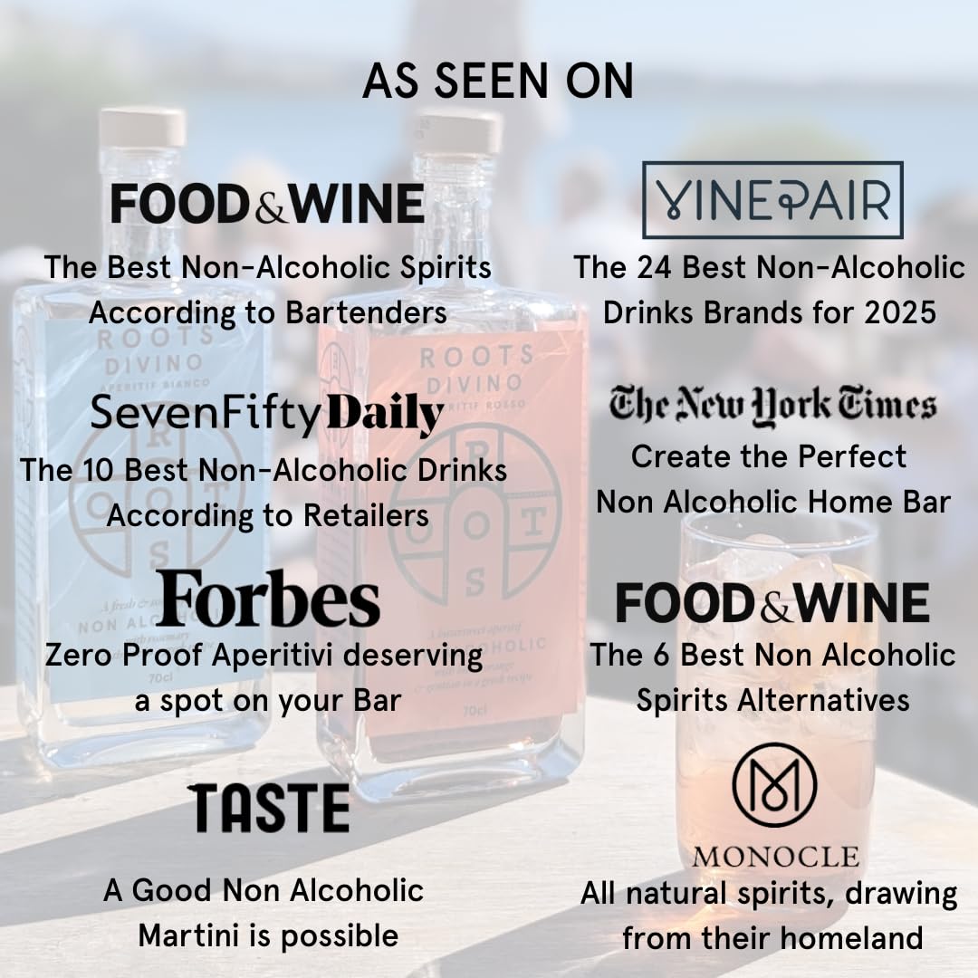Roots Divino Rosso bottle label, showcasing award-winning non-alcoholic aperitif.