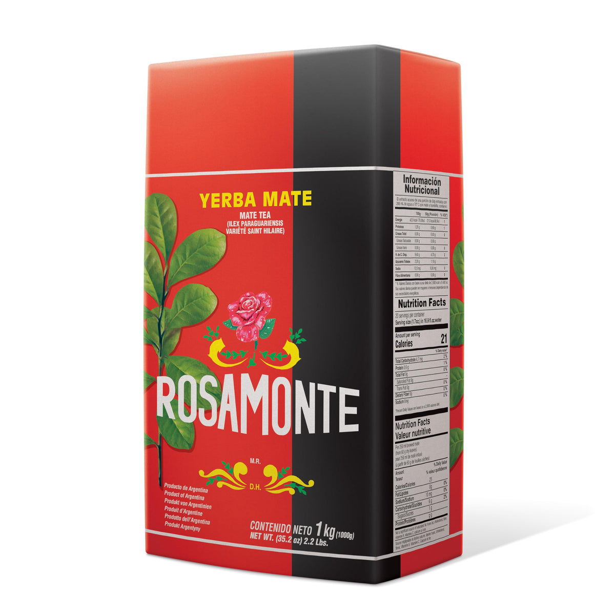 Rosamonte Yerba Mate Con Palo packaging shows 1kg bag for easy daily brewing.