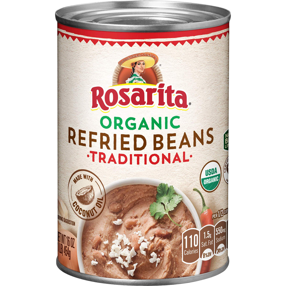 Rosarita Organic Refried Beans, pack of 12 cans, ready for family meals and quick prep.