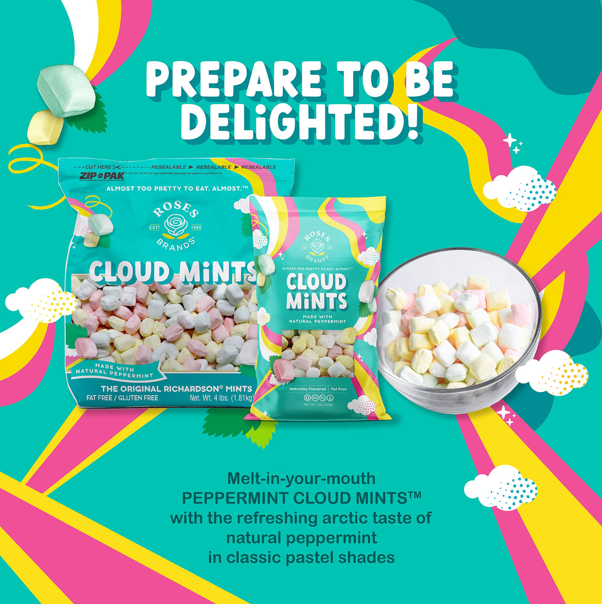 Roses Brands Cloud Mints crafted in the USA for consistent quality.