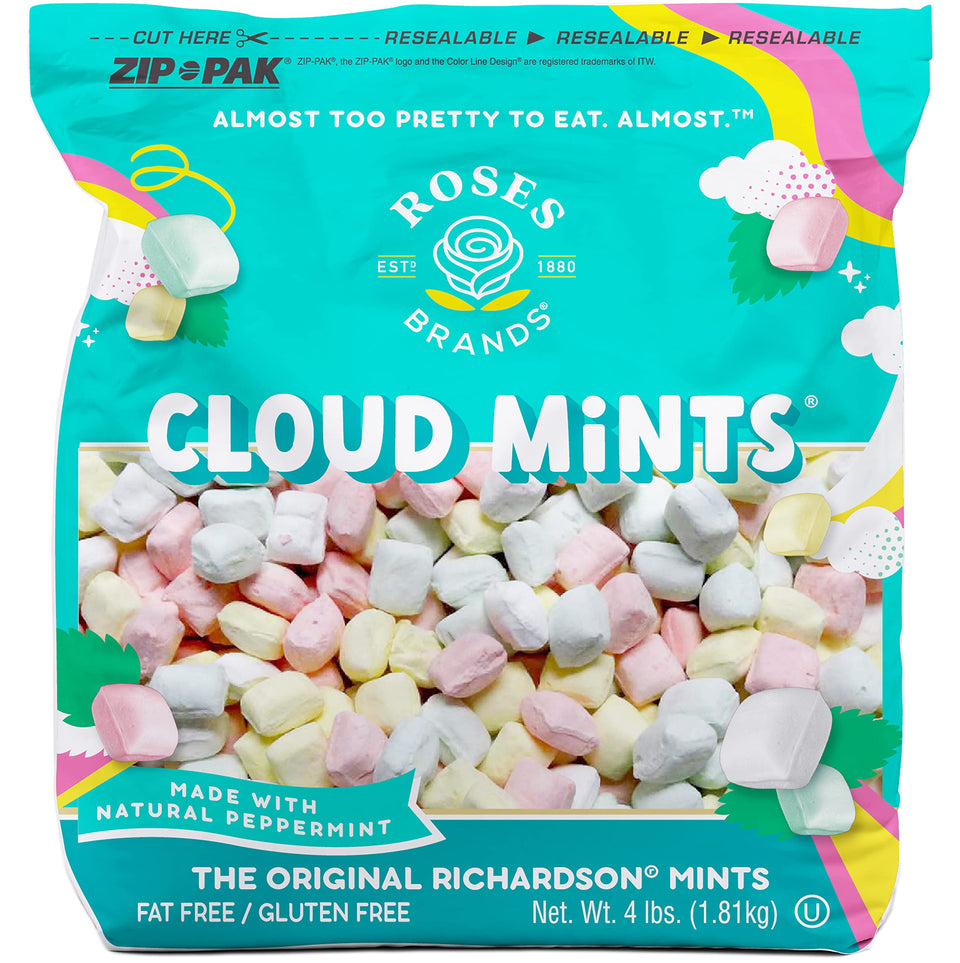 Roses Brands Cloud Mints peppermint candy in a 4lb bag for easy sharing.