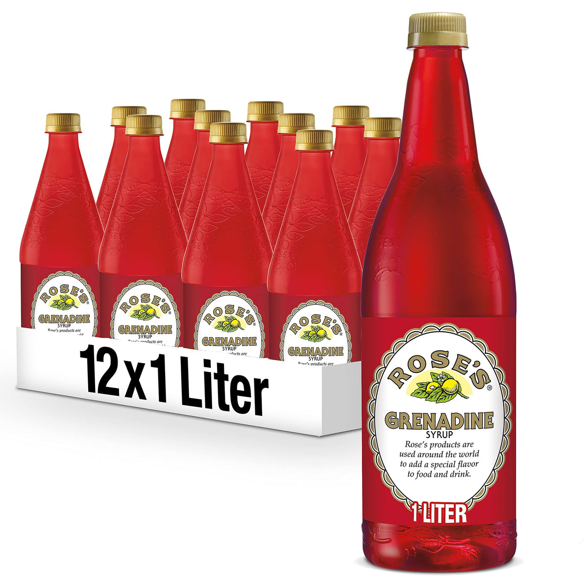 Rose's Grenadine bottle for cocktails adds vibrant color and pomegranate flavor.