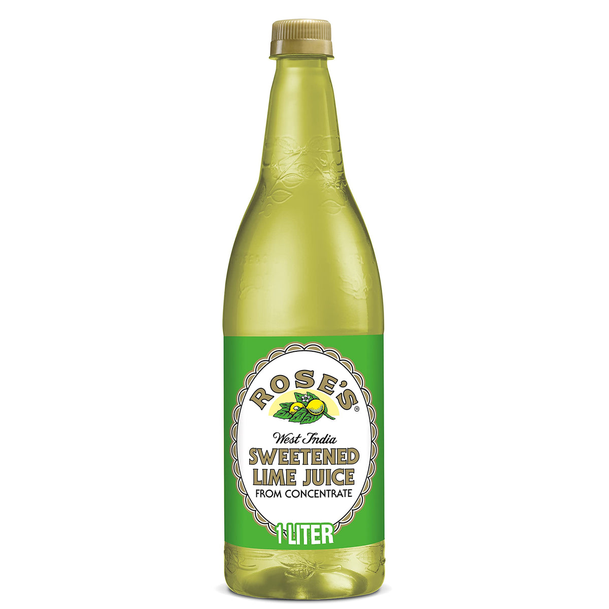 Rose's Lime Juice bottle highlighting real lime juice for cocktails.