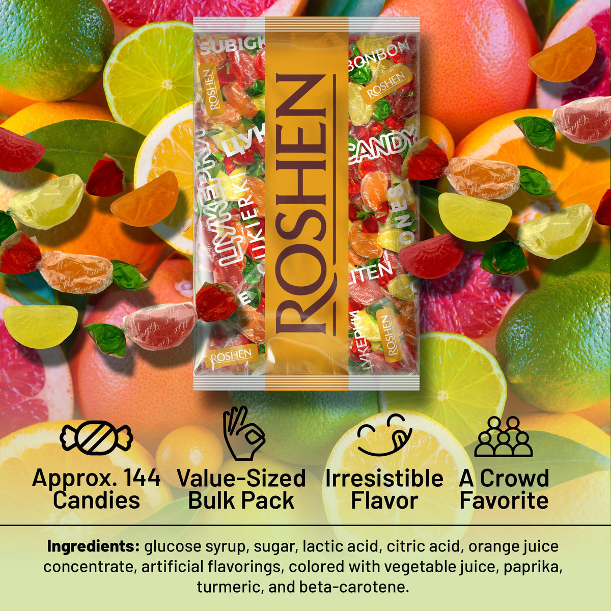 Roshen Citrus Mix Hard Candy grapefruit-slice with refreshing citrus twist.
