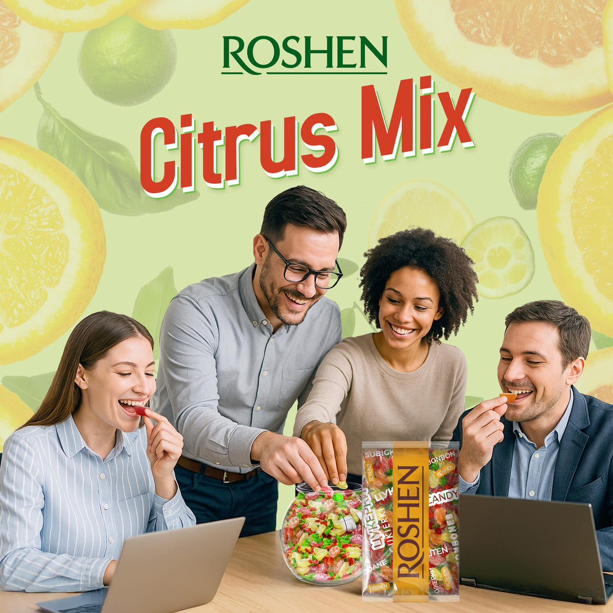 Roshen Citrus Mix Hard Candy lemon-slice highlighting tangy zest.