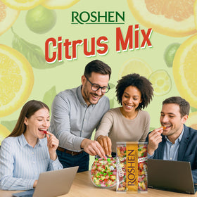 Roshen Citrus Mix Hard Candy lemon-slice highlighting tangy zest.