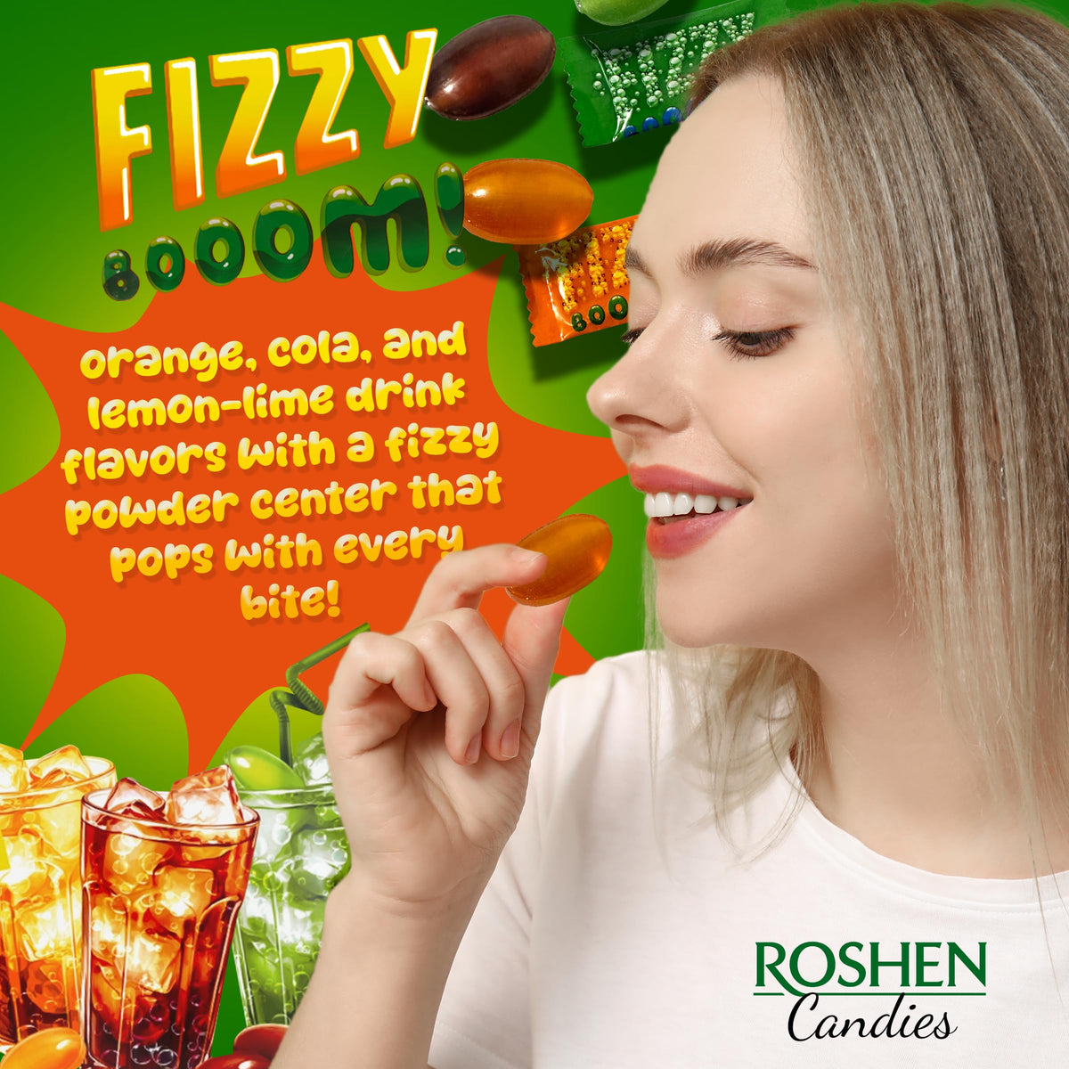 Roshen Fizzy Boom cola flavor close-up, a fizzy retro treat for nostalgic snacking.