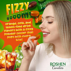 Roshen Fizzy Boom cola flavor close-up, a fizzy retro treat for nostalgic snacking.