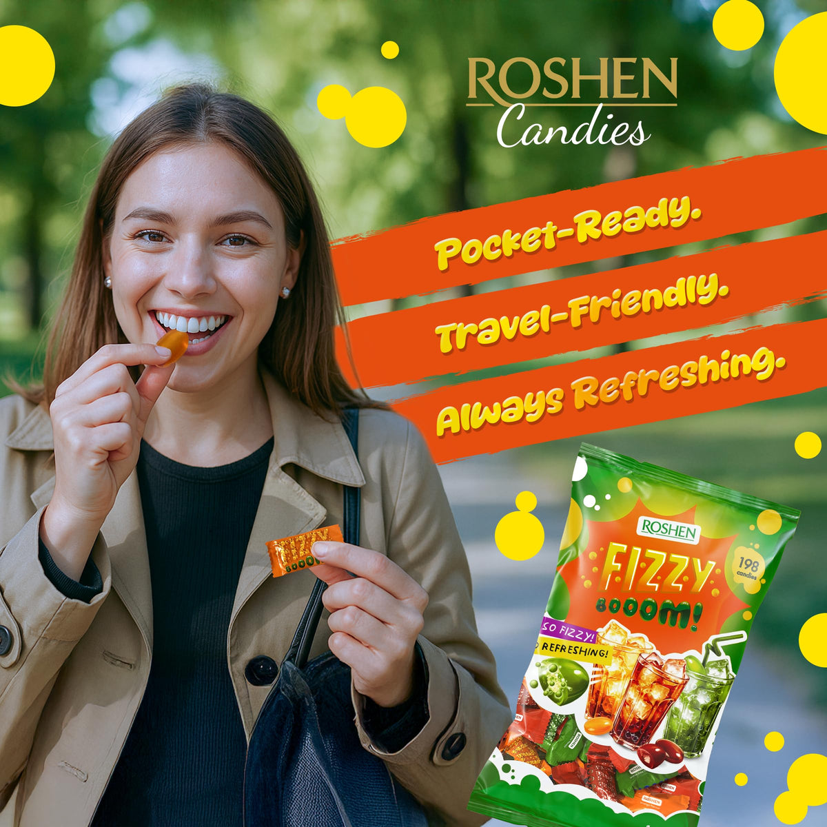 Roshen Fizzy Boom lemon-lime flavor offering tangy refreshment with a fizzy surprise.