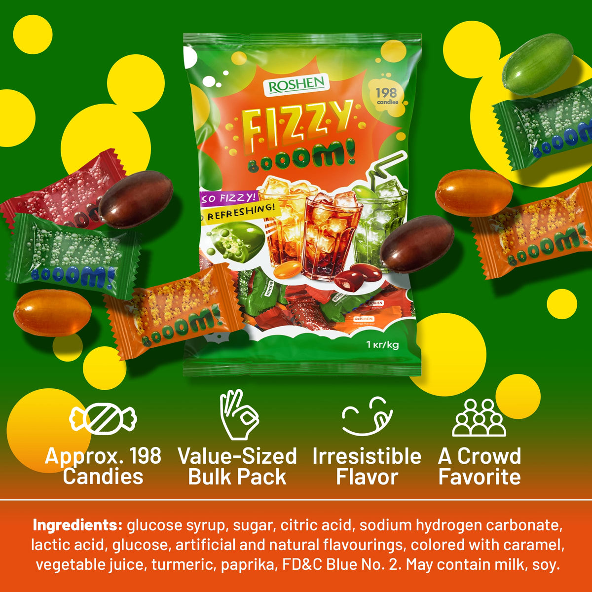 Roshen Fizzy Boom orange flavor with a tangy citrus kick and fizzy center.